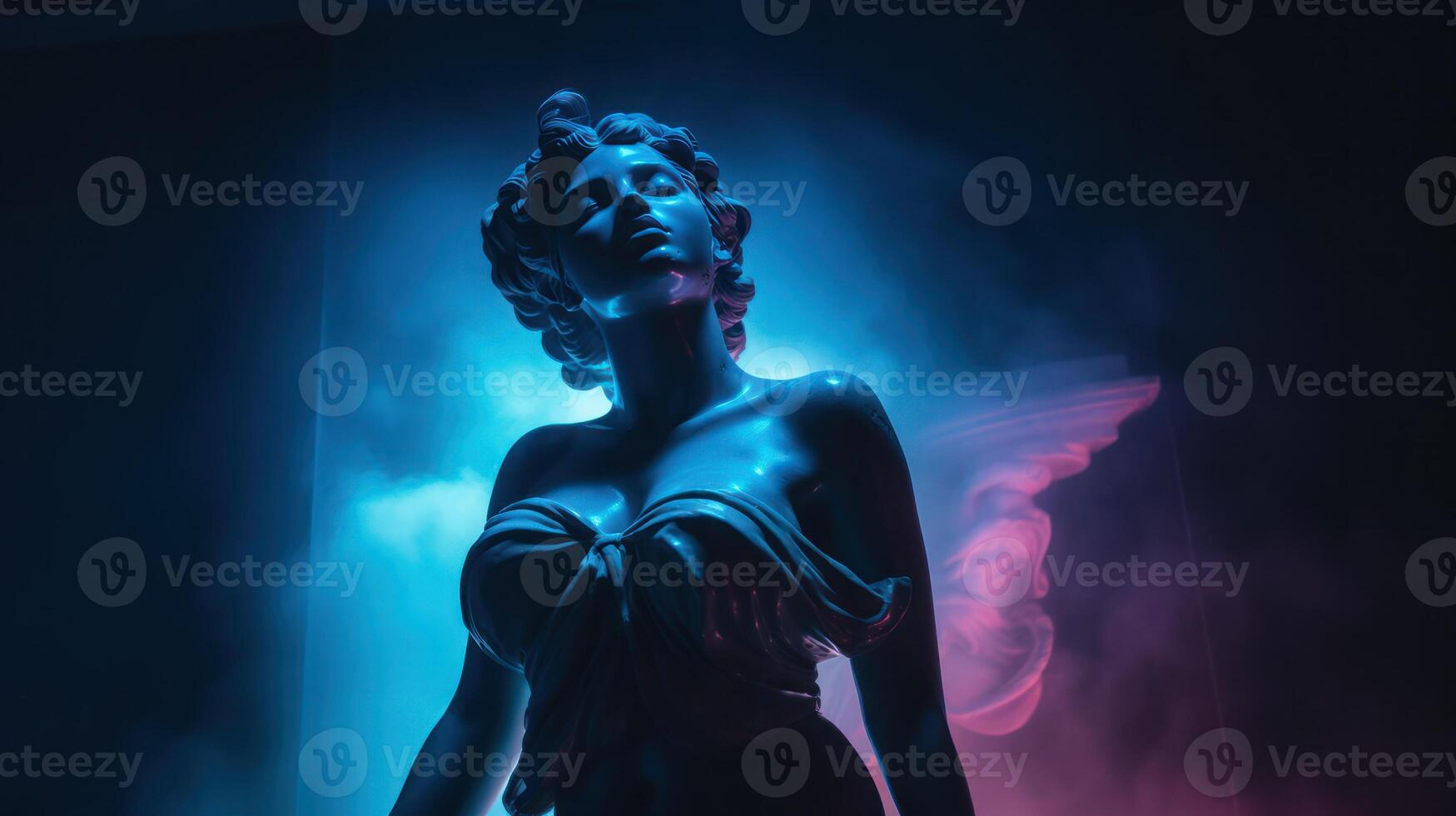 ai generato antico antico statua di femmina persona nel mistico neon splendore foschia, cupo buio sfondo foto