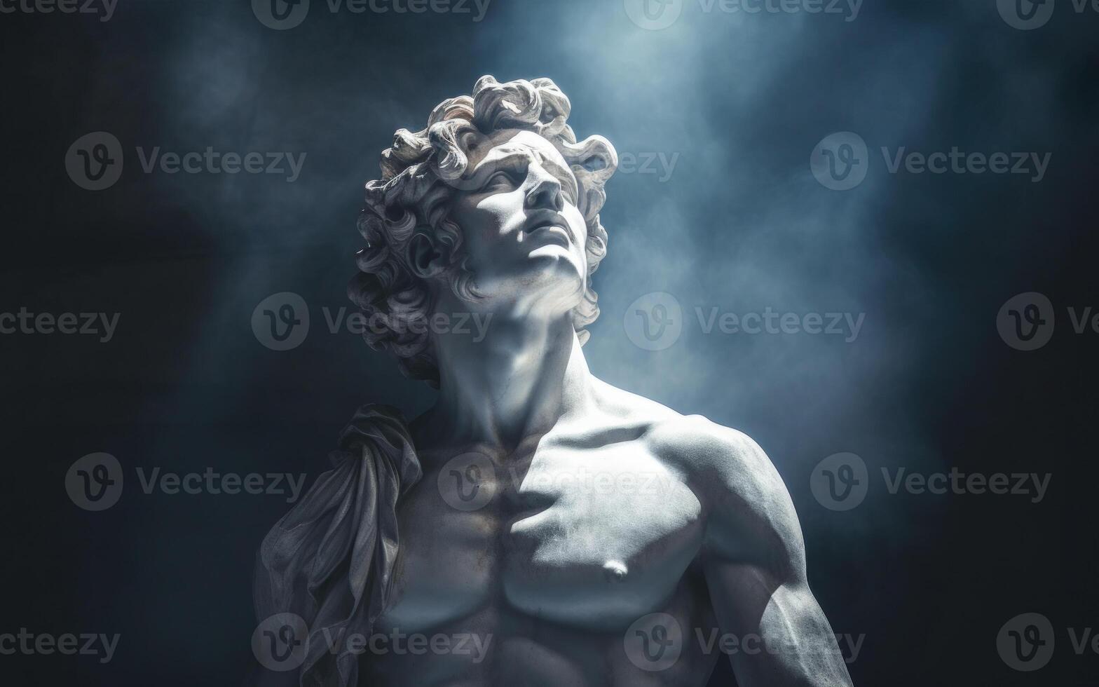 ai generato antico antico statua di maschio persona nel mistico foschia su cupo buio sfondo, bellissimo statua foto