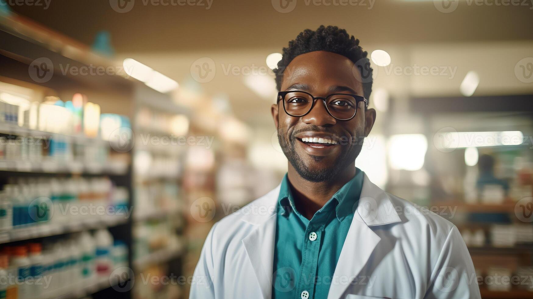 ai generato Cortese sorridente nero farmacista nel bianca cappotto assiste clienti nel farmacia fornire consigli foto