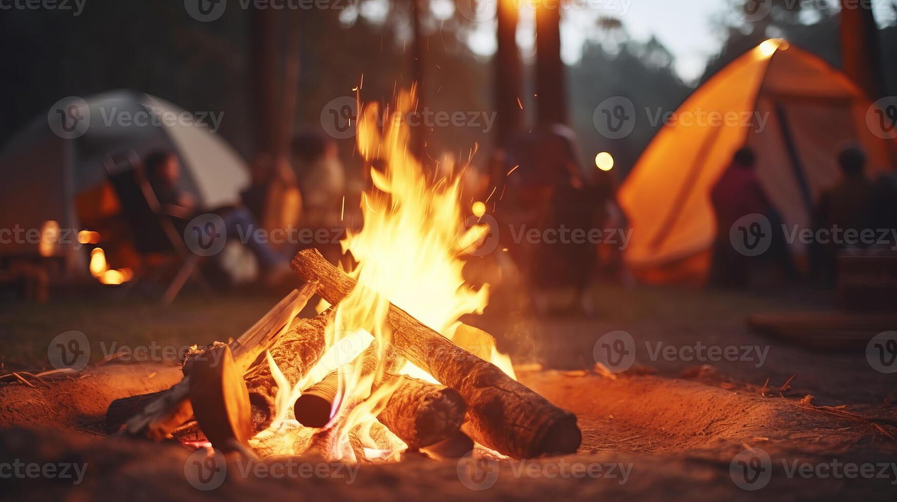 ai generato caldo accogliente fuoco di bivacco fiamme danza nel crepuscolo con tenda campeggio sfondo invitante atmosfera per campeggio foto