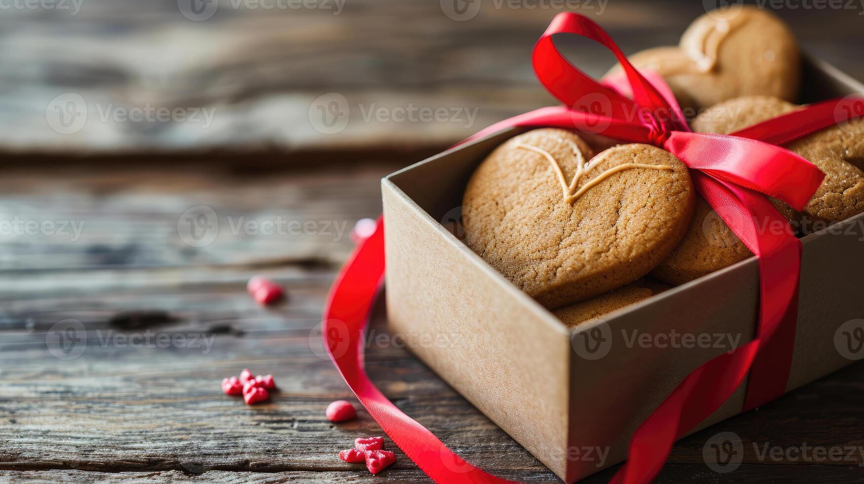 ai generato cuore sagomato biscotti nel un' regalo scatola con rosso nastro foto