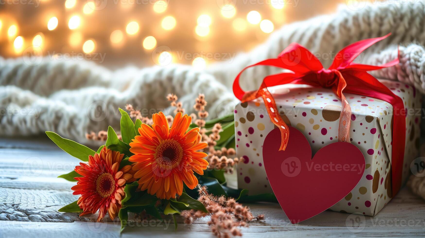 ai generato caldo e accogliente regalo con fiori e cuore etichetta foto