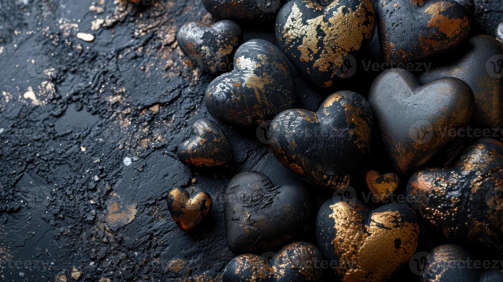 ai generato d'oro amore su carbone strutturato cuori astratto foto