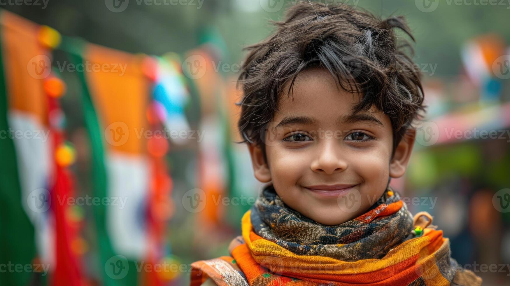 ai generato ritratto di un' carino indiano poco ragazzo con un' colorato sciarpa. foto