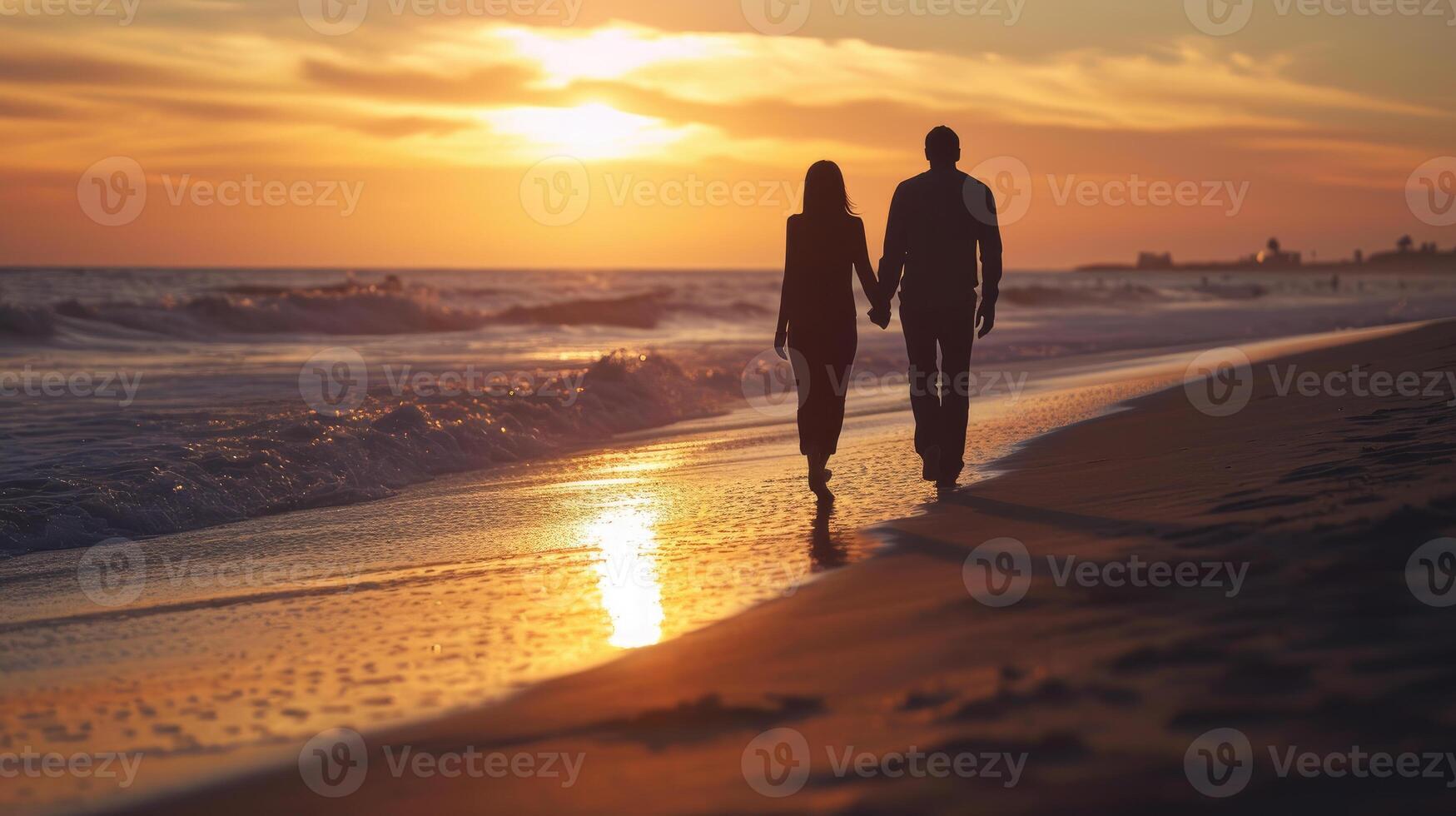 ai generato passeggiando mano nel mano tramonto spiaggia camminare foto