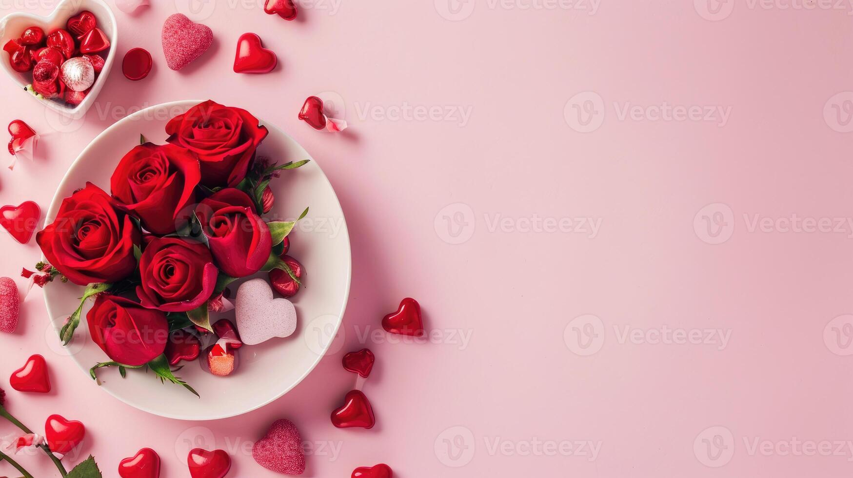 ai generato romantico Rose e cuori San Valentino ambientazione foto