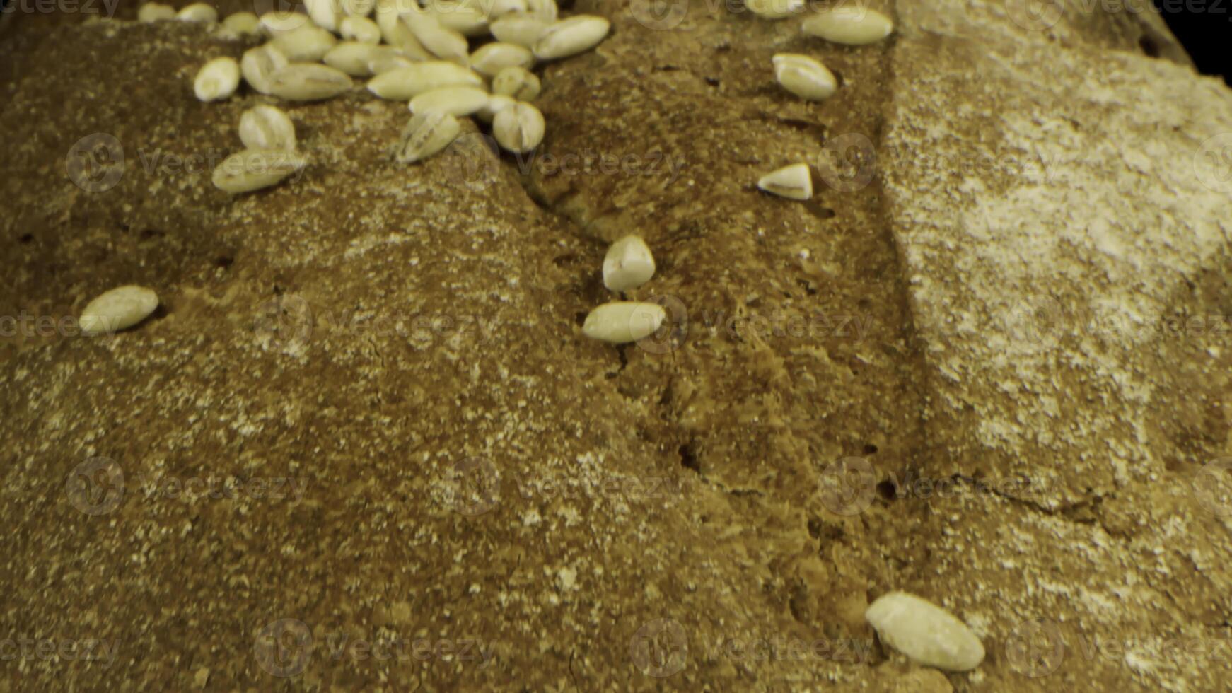 fresco delizioso pane isolato su nero sfondo. azione filmato. vicino su di rustico segale pagnotta di pane con croccante Crosta e caduta semi, concetto di salutare nutrizione. foto