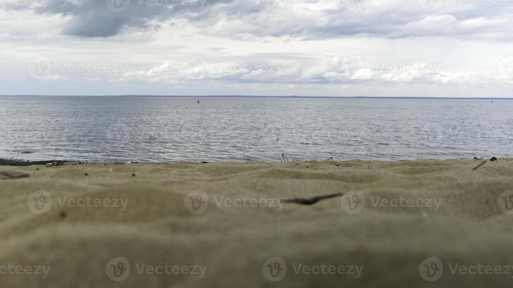 vicino su di sabbioso riva e increspato mare su blu nuvoloso cielo sfondo. concetto. naturale sfondo uccello gabbiano volante lentamente sopra il mare vicino per acqua superficie. foto