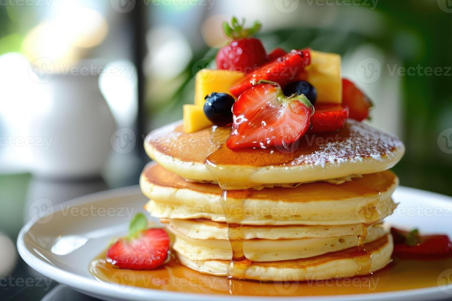 ai generato mattina indulgenza - un' pila di Pancakes con acero sciroppo e fresco frutta foto