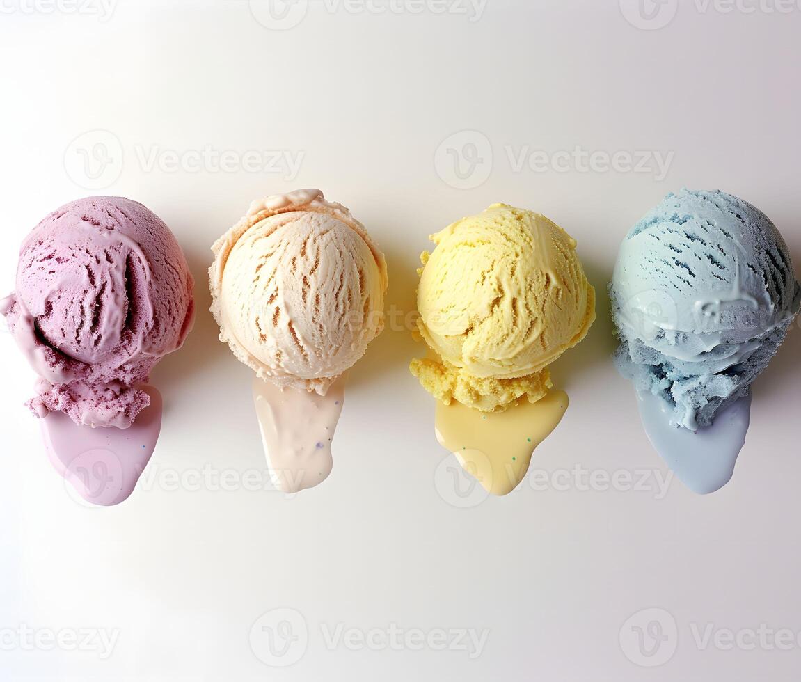 ai generato assortito cioccolato menta ghiaccio crema sapori - quattro scoop su bianca sfondo nel leggero giallo e buio acquamarina stile foto