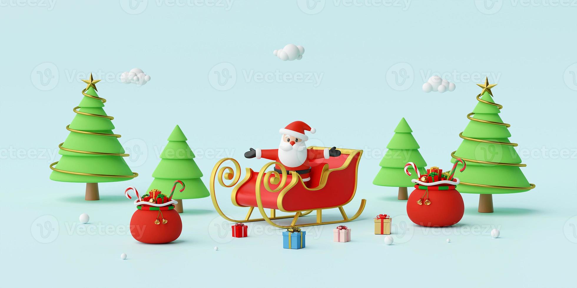 buon natale e felice anno nuovo, babbo natale su una slitta con regali di natale, rendering 3d foto