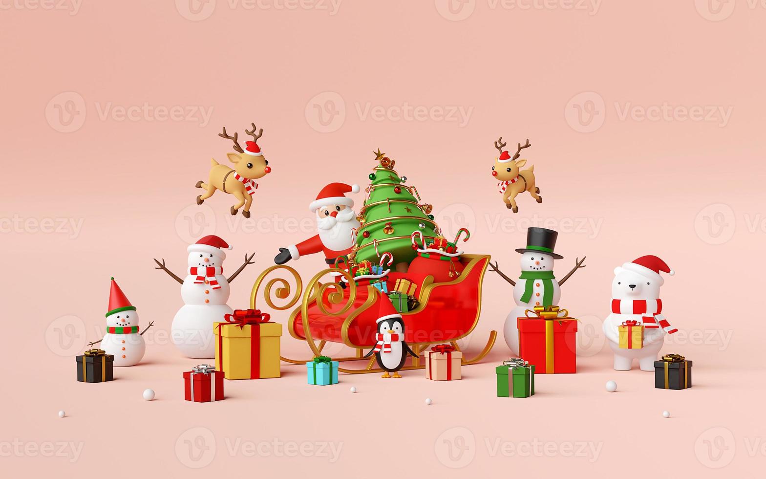 buon natale e felice anno nuovo, scena della festa di natale con babbo natale e amici, rendering 3d foto