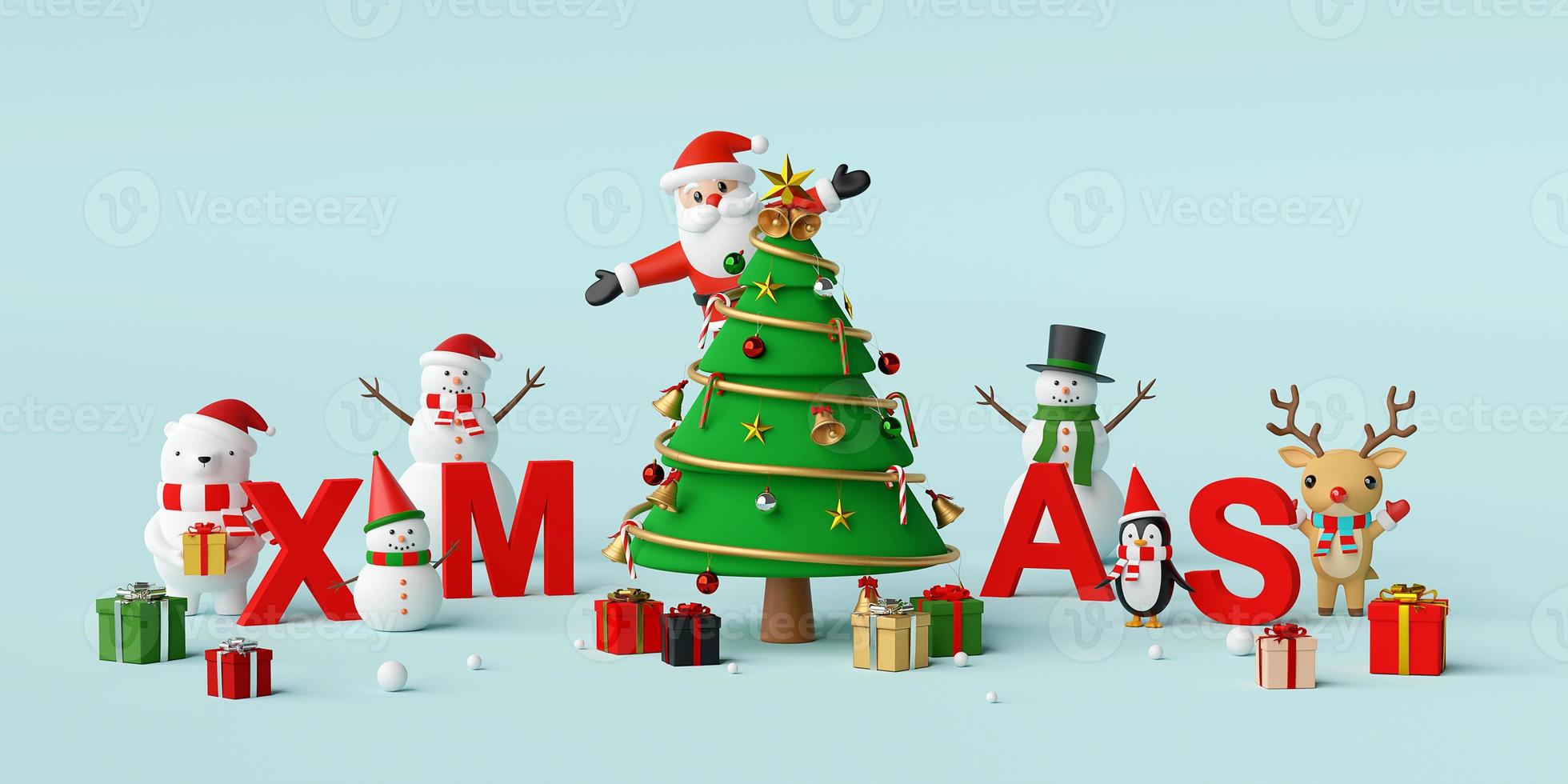 buon natale e felice anno nuovo, babbo natale e personaggio natalizio con lettere natale, rendering 3d foto