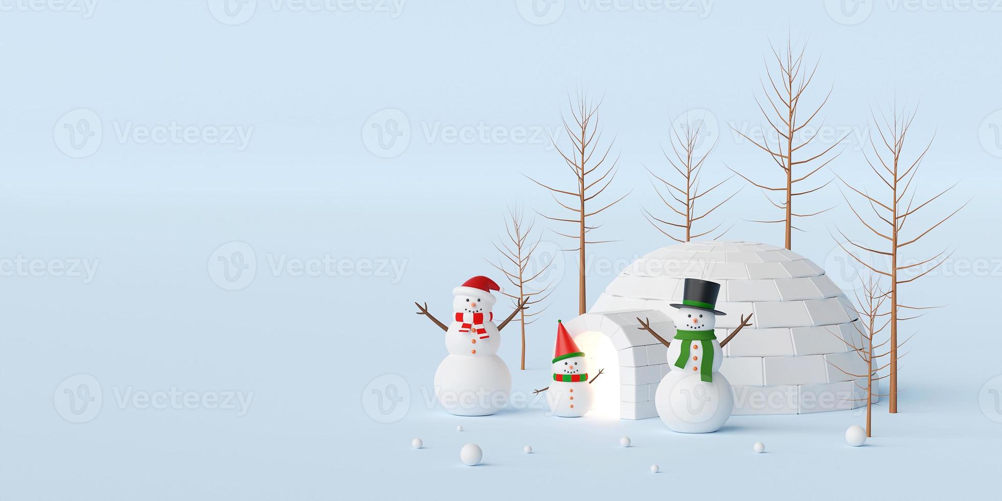 buon natale e felice anno nuovo, banner natalizio con pupazzo di neve e igloo, rendering 3d foto