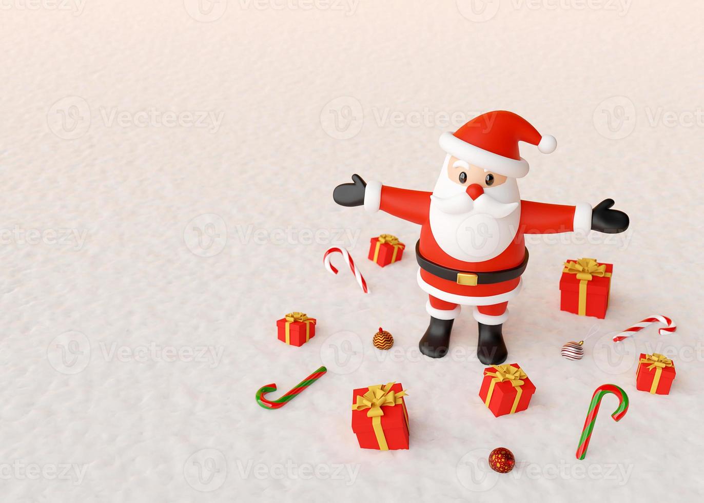 buon natale, babbo natale in piedi con regali e ornamenti natalizi su un terreno innevato, rendering 3d foto