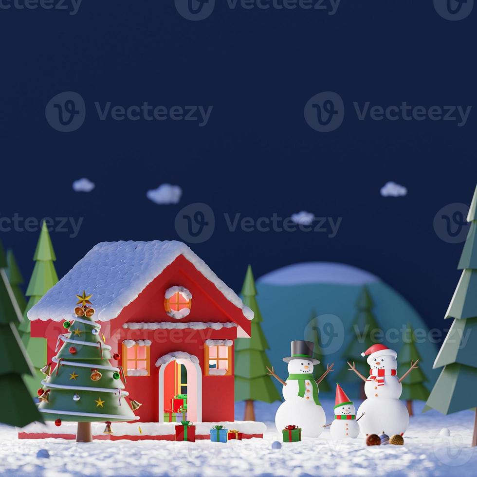 buon natale e felice anno nuovo, paesaggio di pupazzo di neve che gioca a neve fuori dalla casa rossa in una pineta a mezzanotte, spazio copia, rendering 3d foto