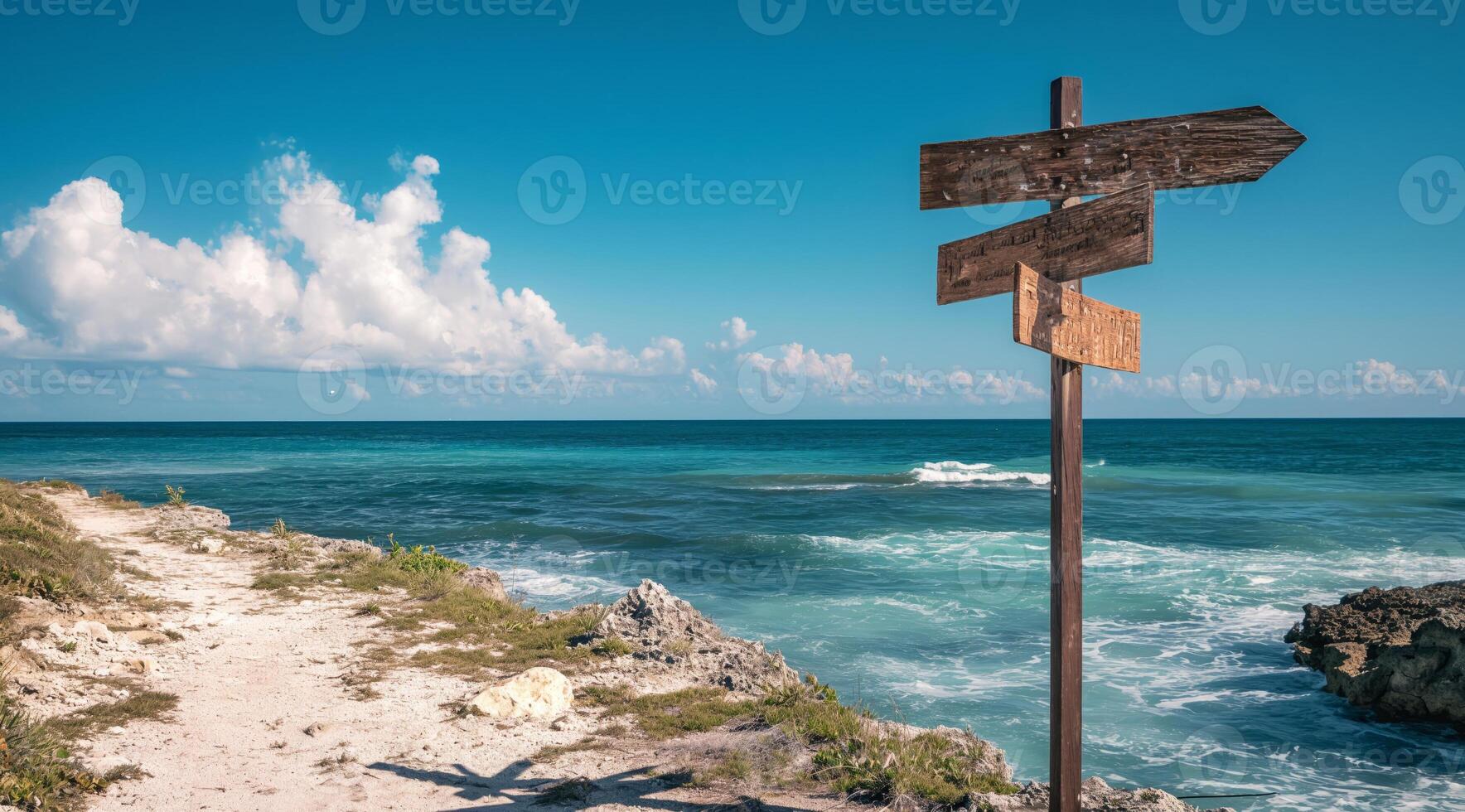 ai generato cartello puntamento per il direzione di vacanza destinazione con panoramico spiaggia e oceano foto