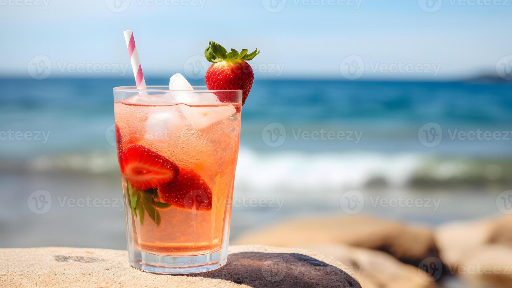 ai generato un' bicchiere di fragole freddo rinfrescante bevanda su mare sfondo a soleggiato estate giorno, neurale Rete generato Immagine foto