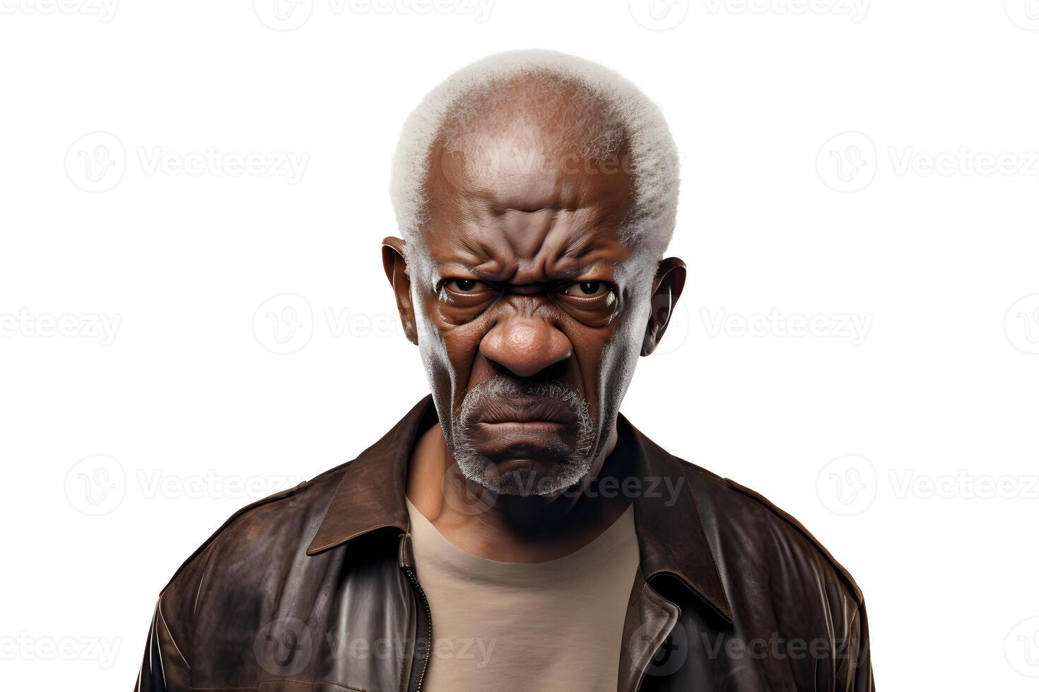 ai generato arrabbiato maturo africano americano uomo, testa e le spalle ritratto su bianca sfondo. neurale Rete generato Immagine foto