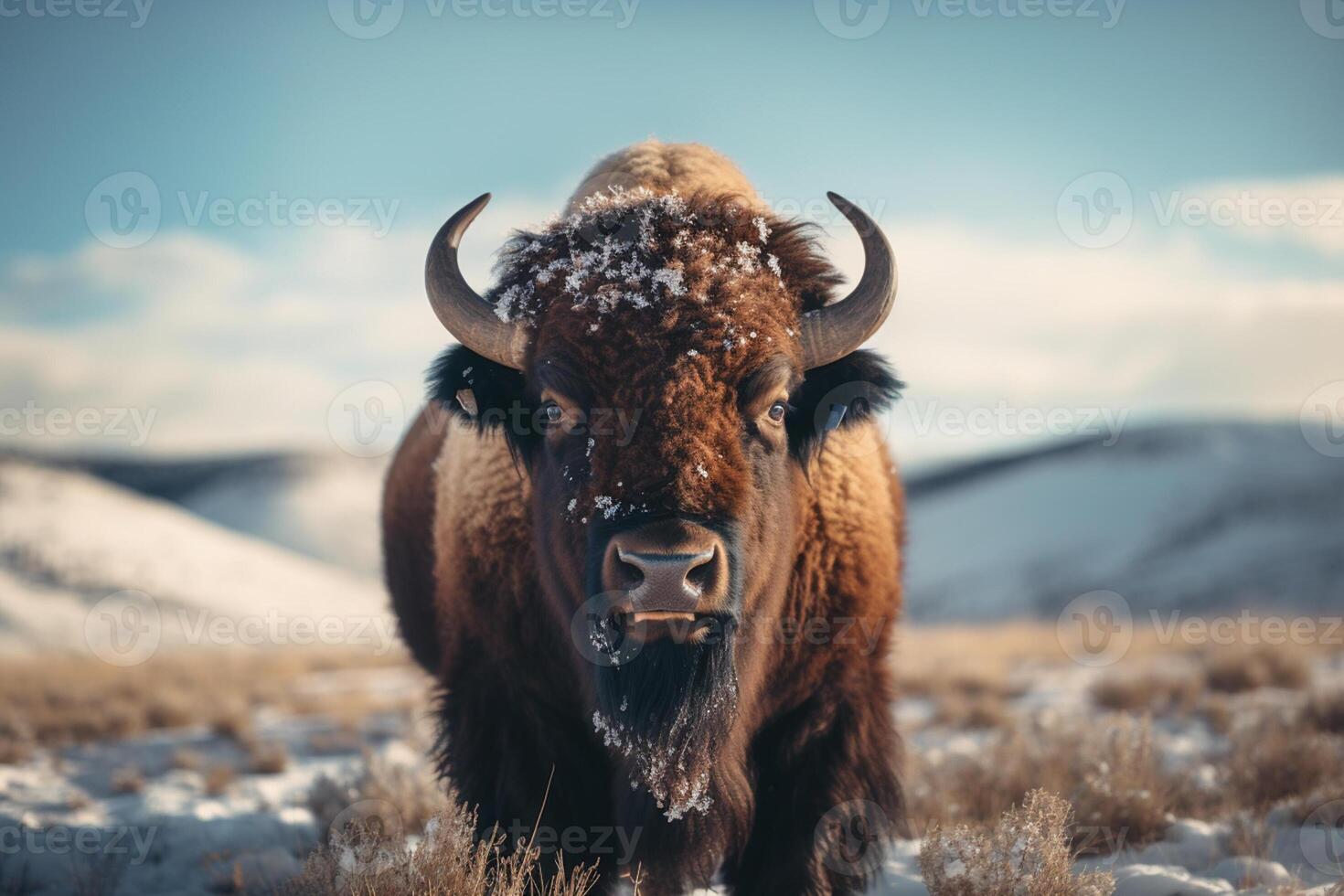 ai generato Toro in piedi nel il neve tempo metereologico bokeh stile sfondo con generativo ai foto