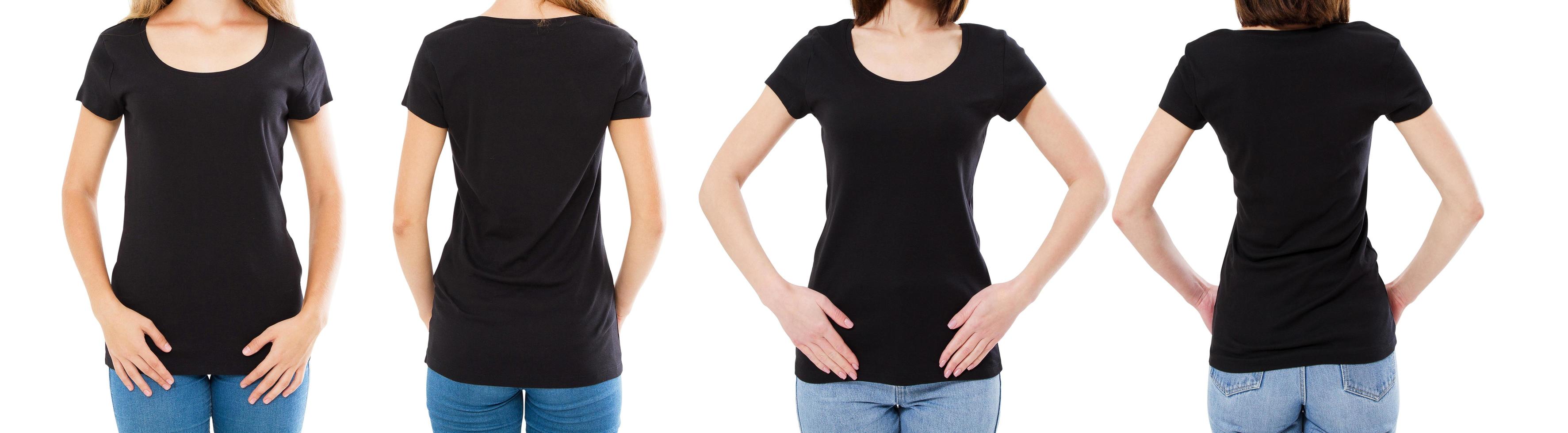 due donne in t-shirt nera immagine ritagliata vista anteriore e posteriore, set di t-shirt, t-shirt mockup vuota foto