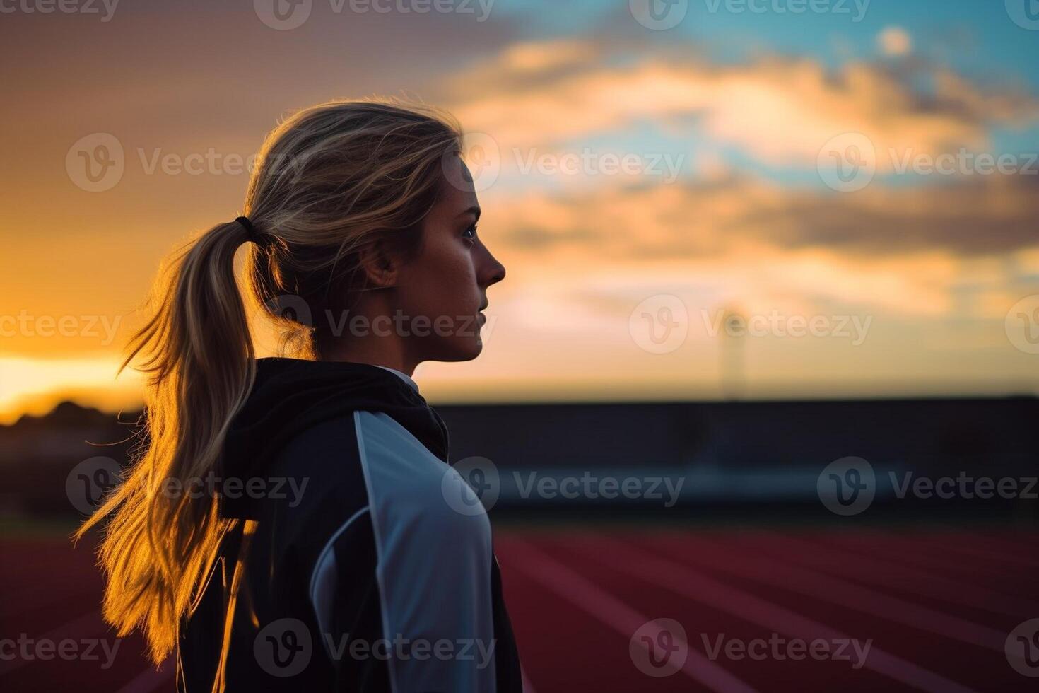 ai generato un' giovane bella sportivo donna fare mattina allungare allenarsi a stadio. sport e salutare stile di vita. copia spazio bandiera foto