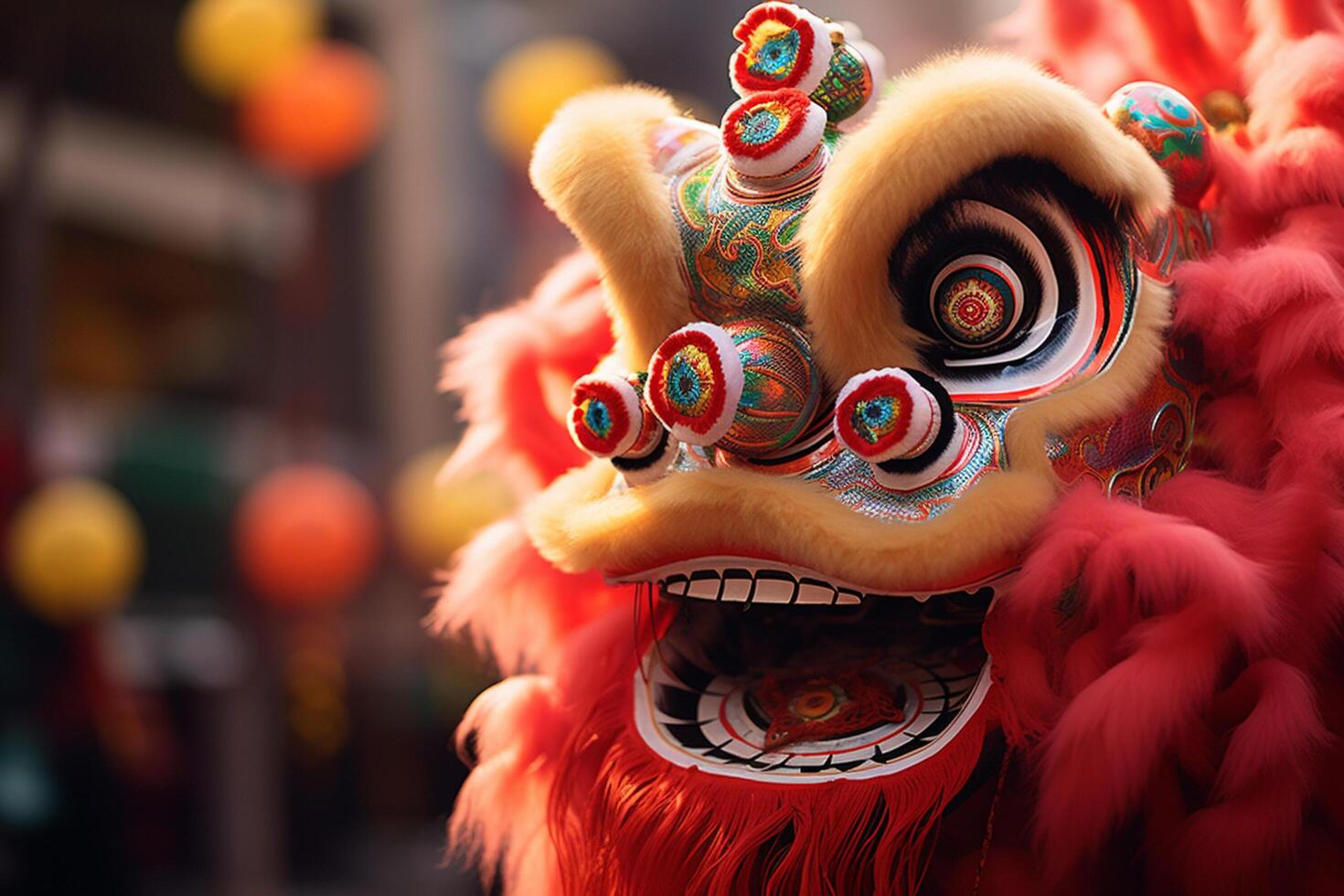 ai generato colorato Cinese Drago danza costume nel il cittadina bokeh stile sfondo con generativo ai foto