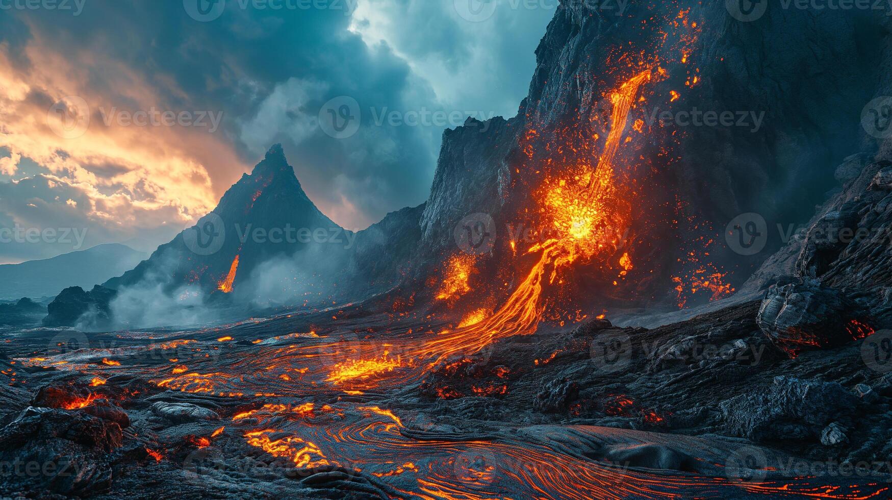 ai generato apocalittico visione di un' vulcano eruzione foto