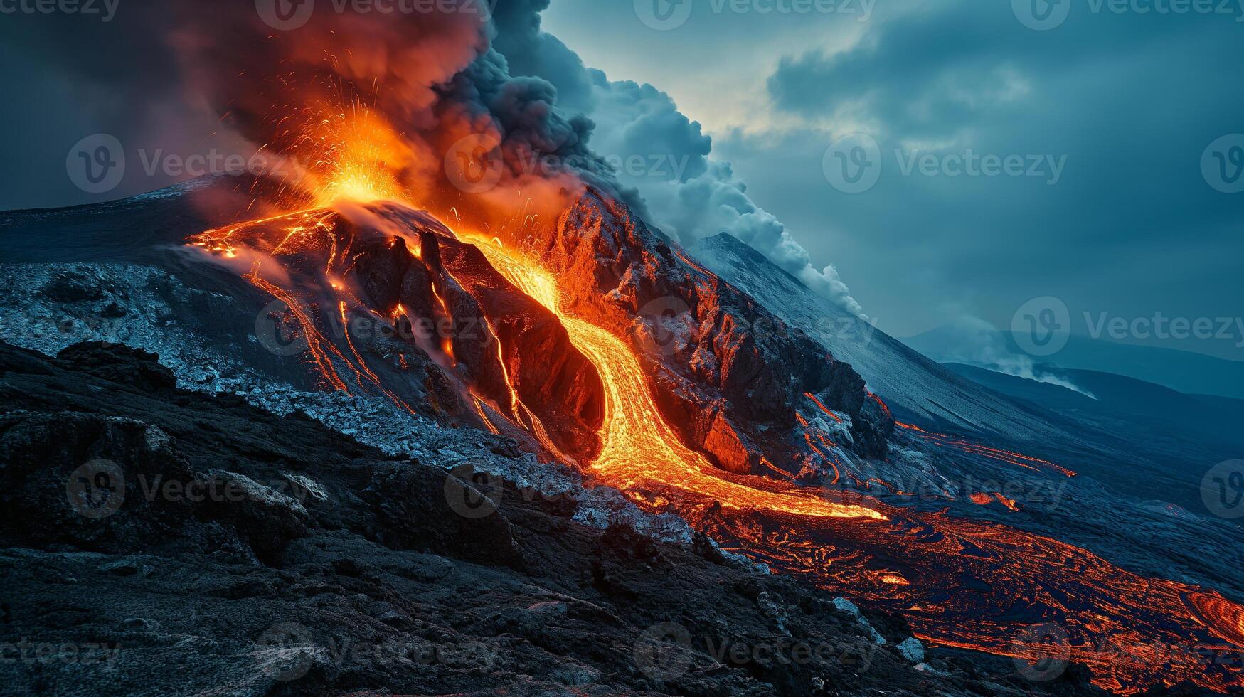 ai generato apocalittico visione di un' vulcano eruzione foto