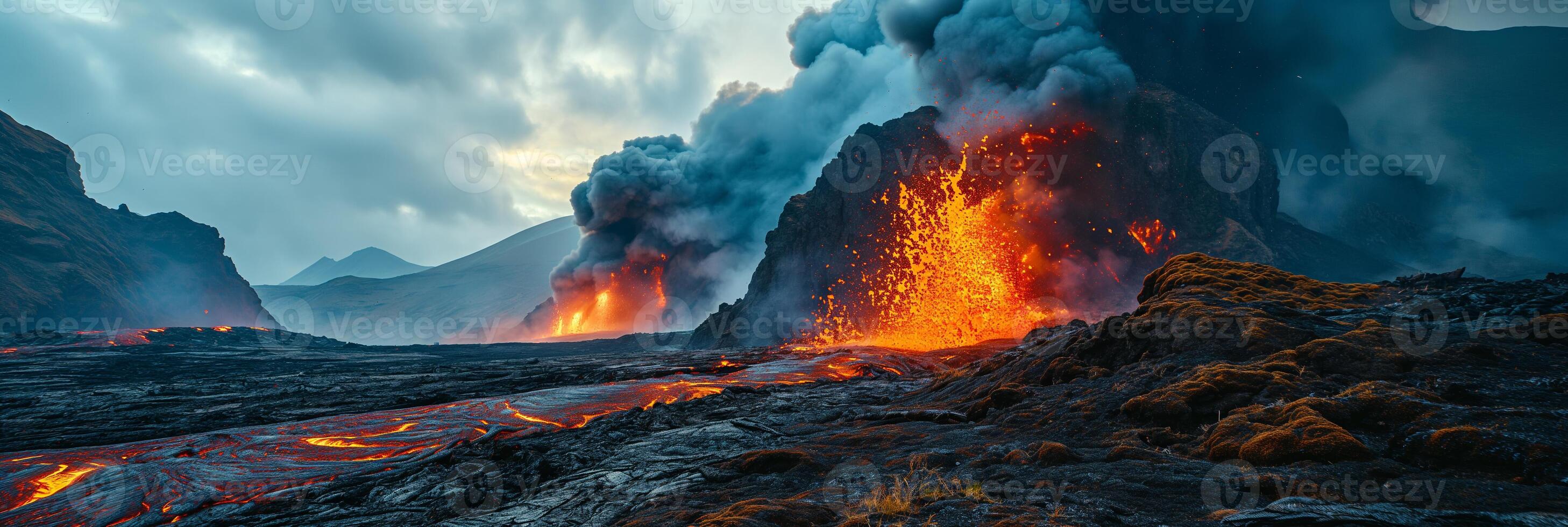 ai generato apocalittico visione di un' vulcano eruzione foto