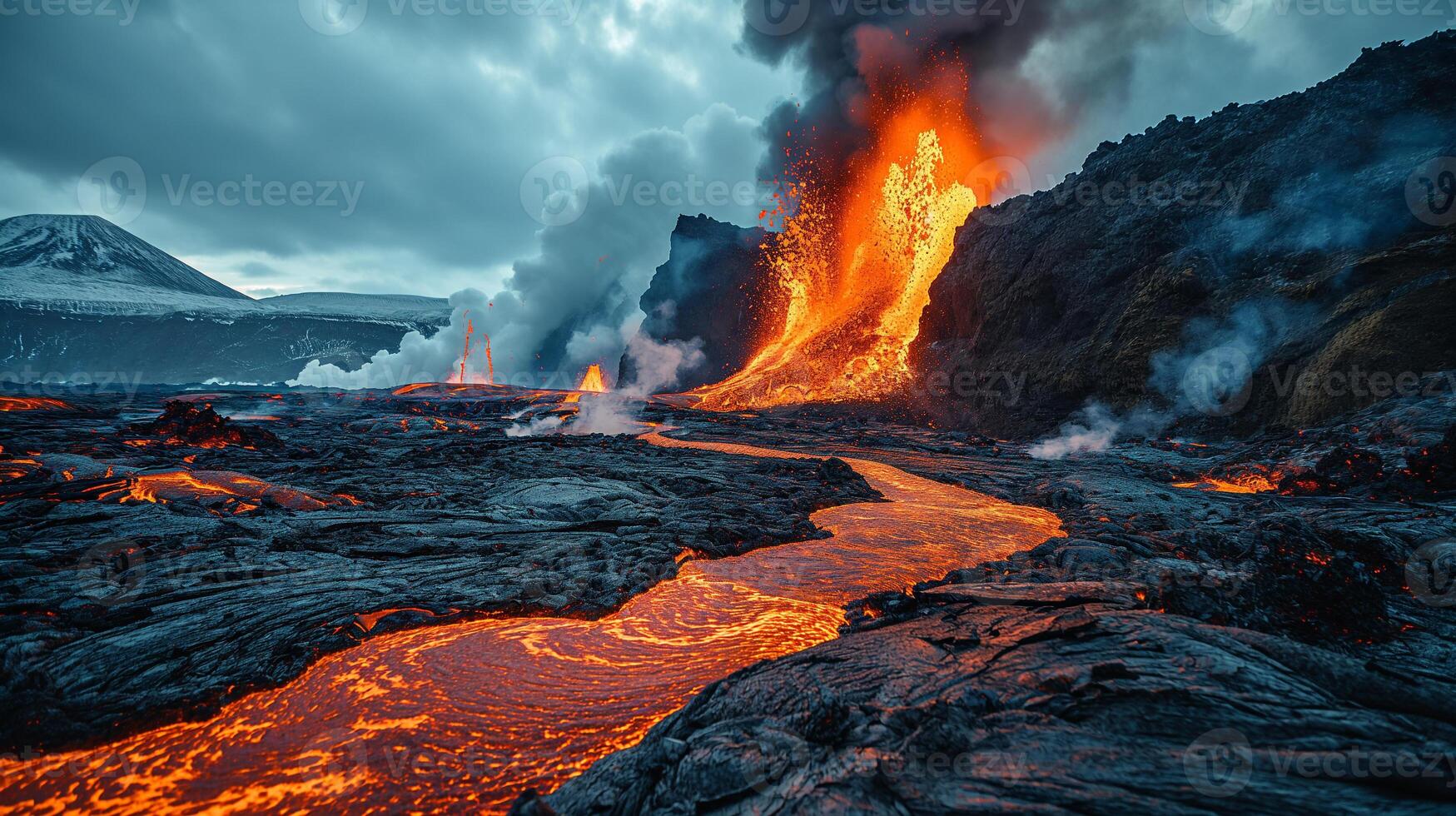 ai generato apocalittico visione di un' vulcano eruzione foto