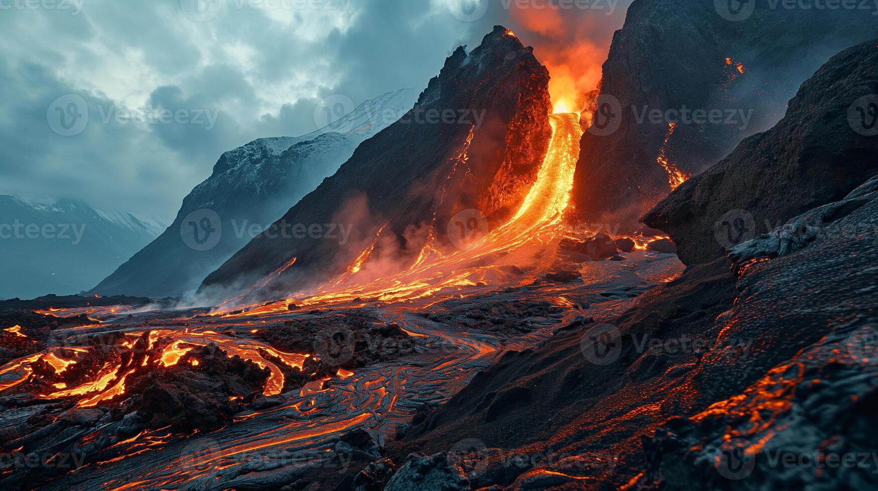 ai generato apocalittico visione di un' vulcano eruzione foto