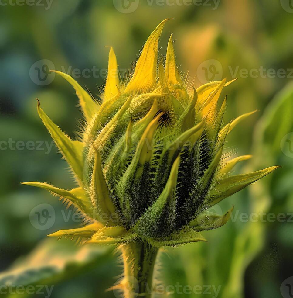 ai generativo avvicinamento dettaglio di un' giallo girasole hellanthus annuus con petali e stigma nel giardino foto