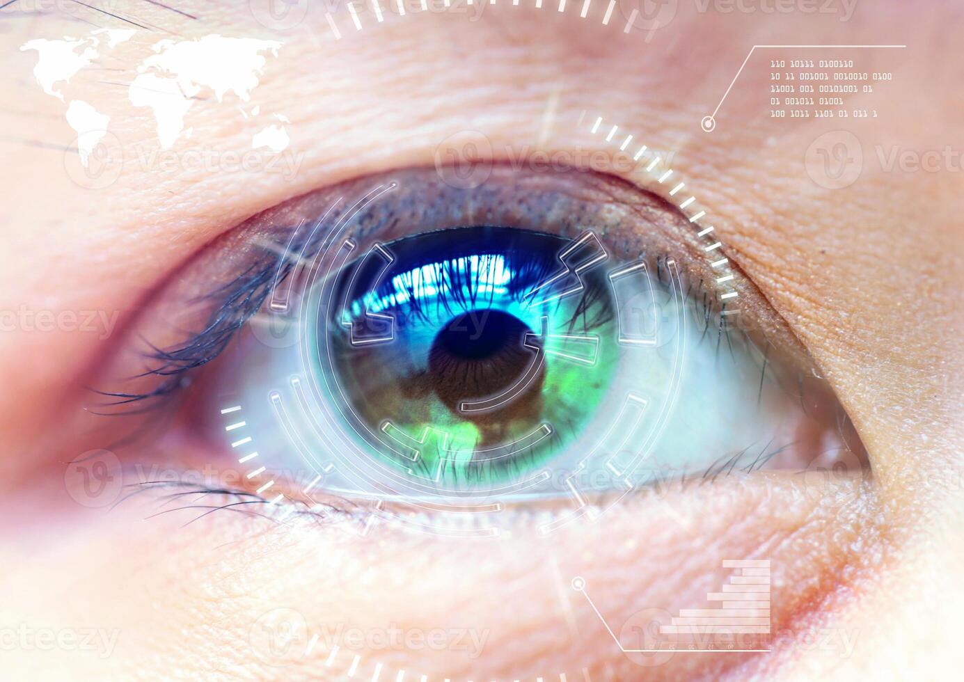 vicino su donne occhio lettura tecnologia nel il futuristico, operazione, occhio cataratta. foto