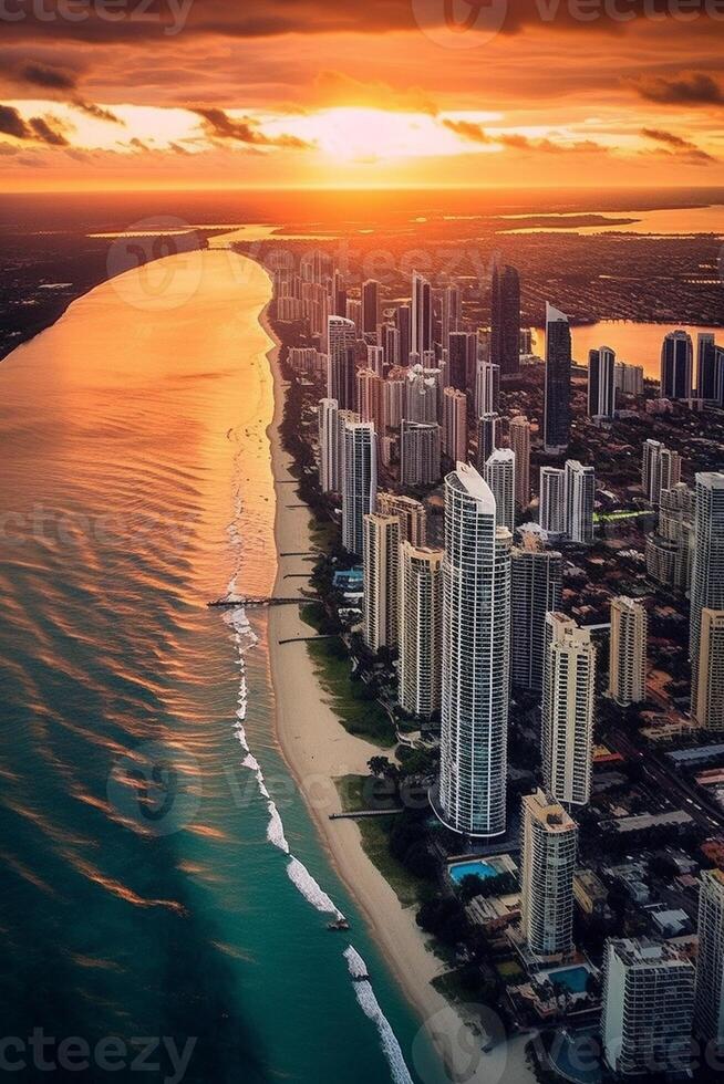 ai generativo aereo Visualizza di surfers Paradiso su il oro costa Australia foto