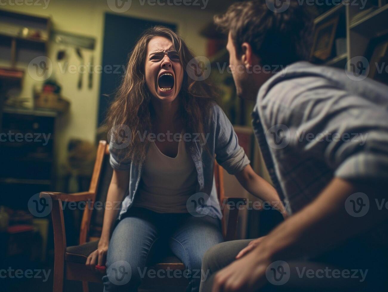 ai generativo arrabbiato ragazza urlando a sua fidanzato a casa coppia combattente nel il bagno foto
