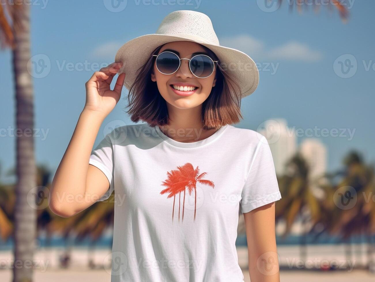ai generativo attraente caucasico ragazza condimento cappello e occhiali da sole assunzione un' autoscatto a il spiaggia a concetto di estate di vacanza tecnologia e persone foto