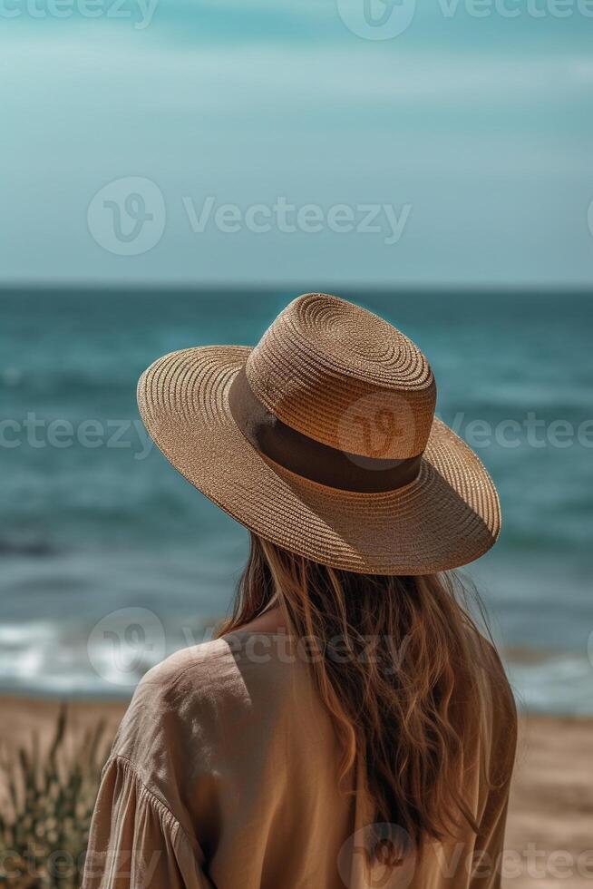 ai generativo indietro Visualizza di un' giovane donna nel cannuccia cappello rilassante guardare il paesaggio in viaggio giro nel Asia foto