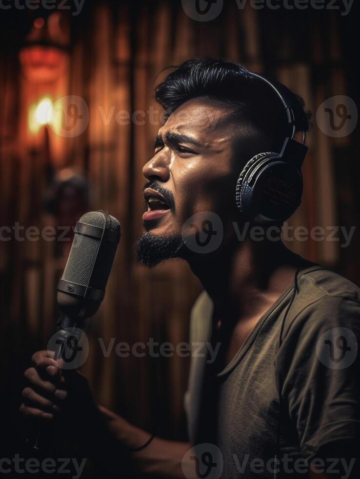 ai generativo barbuto afro americano uomo cantando per microfono registrazione canzone nel musica studio produzione musica passatempo e Festival concetto foto