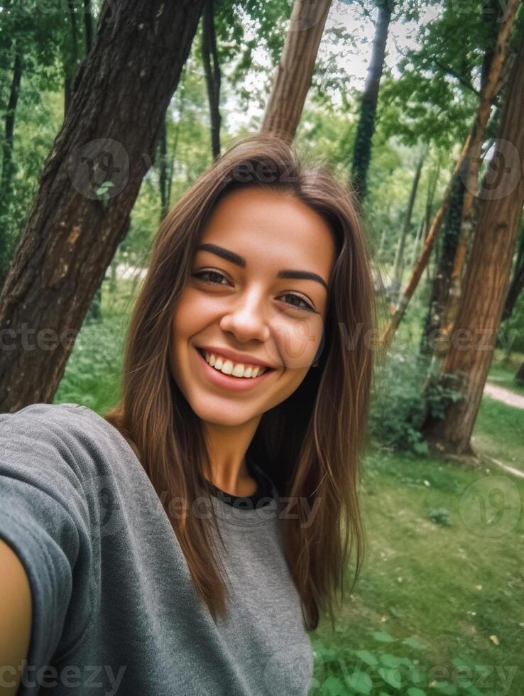 ai generativo beatiful caucasico ragazza prende un' autoscatto all'aperto foto