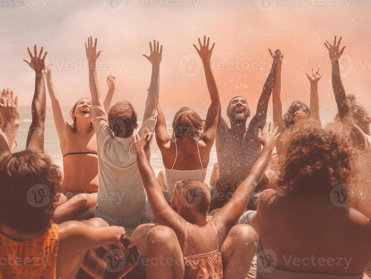 ai generativo grande gruppo di persone avendo divertimento danza su spiaggia festa multirazziale amici con mani su festeggiare estate vacanza al di fuori gioventù stile di vita e estate vacanze concetto foto