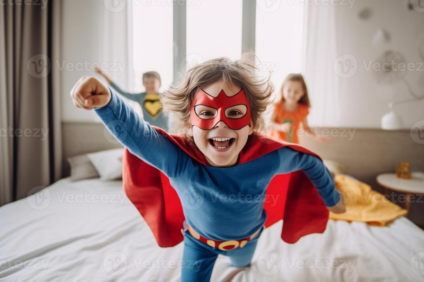 ai generativo bambino e madre nel supereroe costume giocando insieme a casa contento figlio e mamma avendo divertimento nel vivente camera famiglia concetto foto