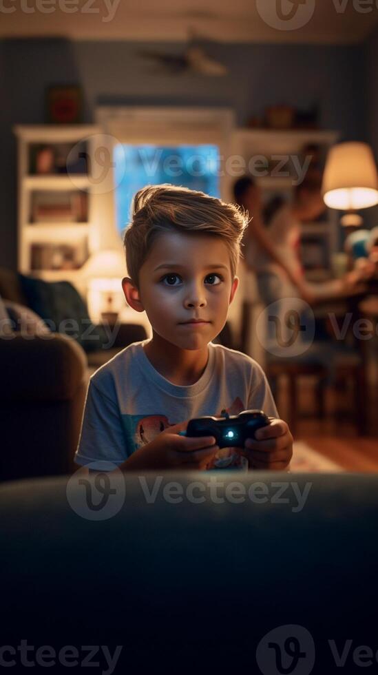 ai generativo bambino con super eroe costume giocando video gioco con telecomando da gioco seduta su il divano a casa bambini gioco e tecnologia concetto foto