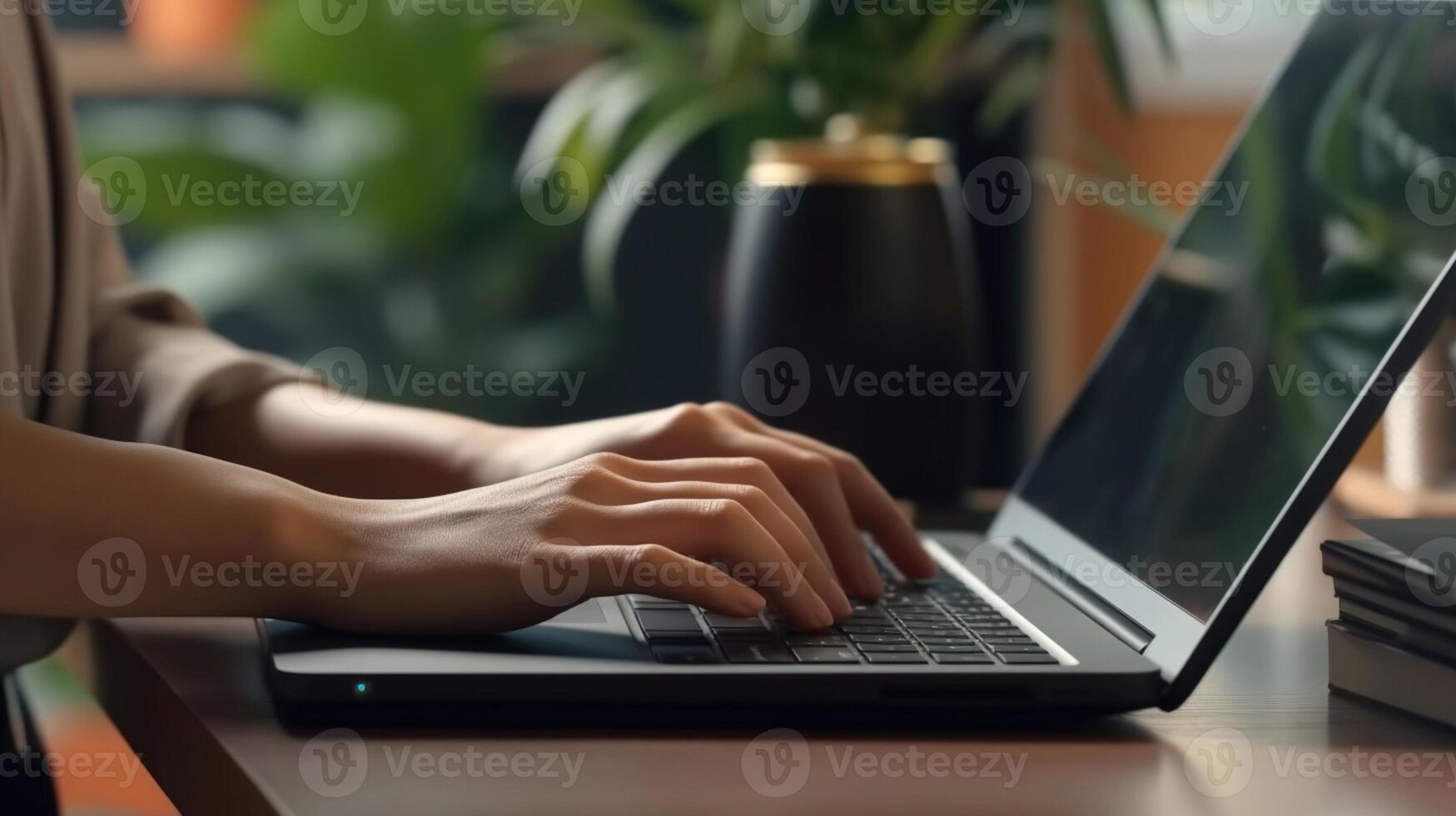 ai generativo avvicinamento Immagine di giovane professionale femmina utilizzando pc il computer portatile nel il ufficio libero professionista Lavorando a partire dal casa digitando testo su portatile computer tecnologia concetto foto