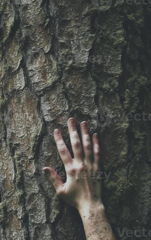 ai generativo avvicinamento donna mani abbracciare albero tronco foto