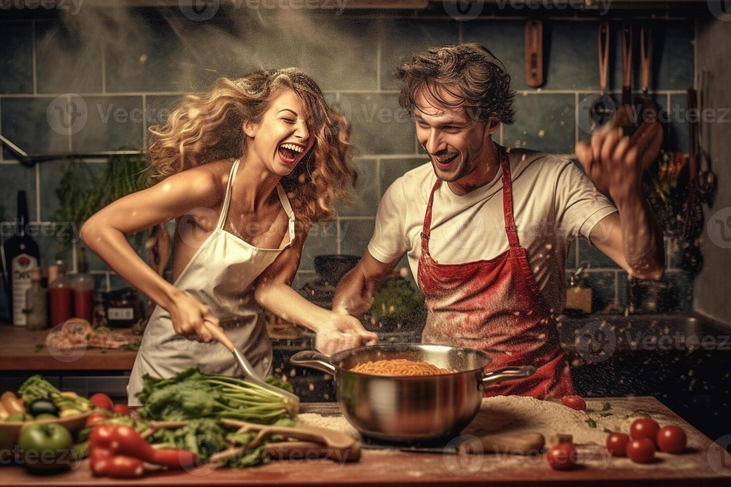 ai generativo coppia nel amore avendo divertimento ridendo nel il cucina cucinando verdure foto