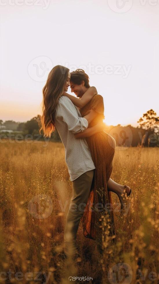 ai generativo coppia di Gli amanti avendo divertimento fare a cavalluccio su primavera campo romantico fidanzato e fidanzata godendo estate tempo luminosa filtro foto