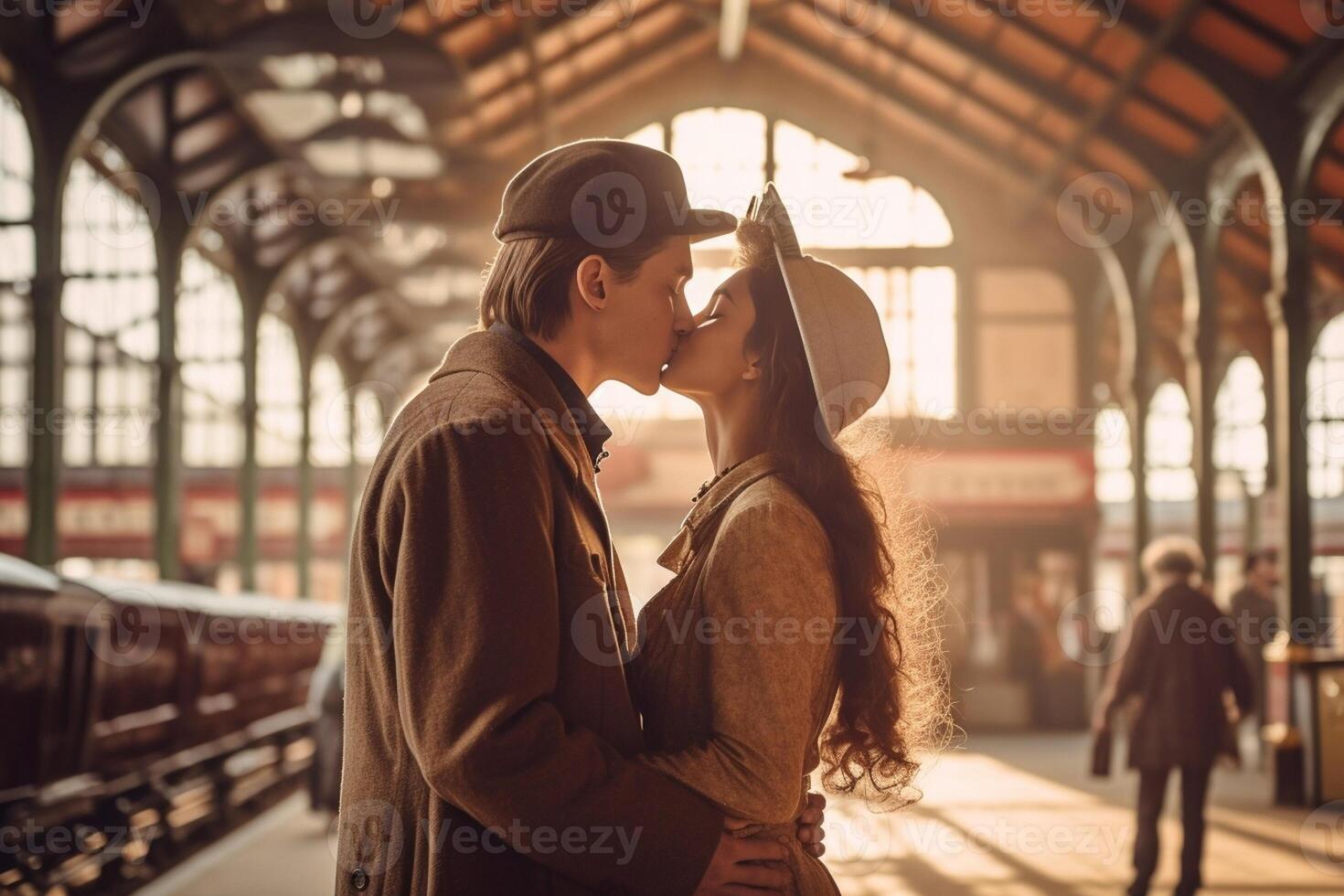 ai generativo coppia di Gli amanti è baci mentre in attesa il treno a il stazione amore vacanza mezzi di trasporto e stile di vita concetto foto