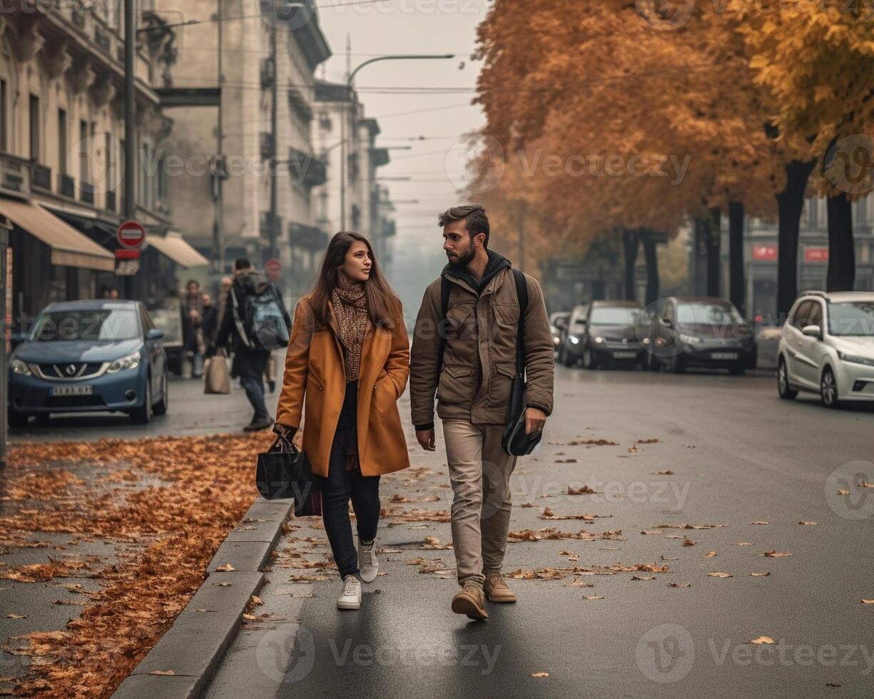 ai generativo coppia di turisti a piedi nel il città di Milano Italia persone visitare Roma foto