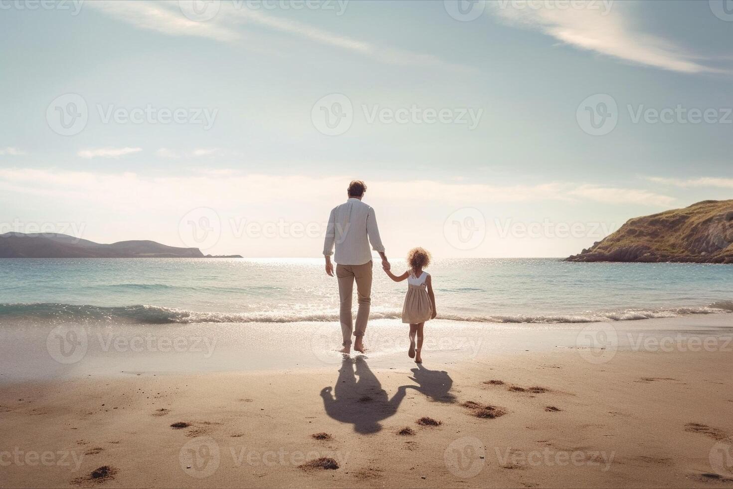 ai generativo padre e figlia Tenere mani a il spiaggia io amore voi papà famiglia concetto foto